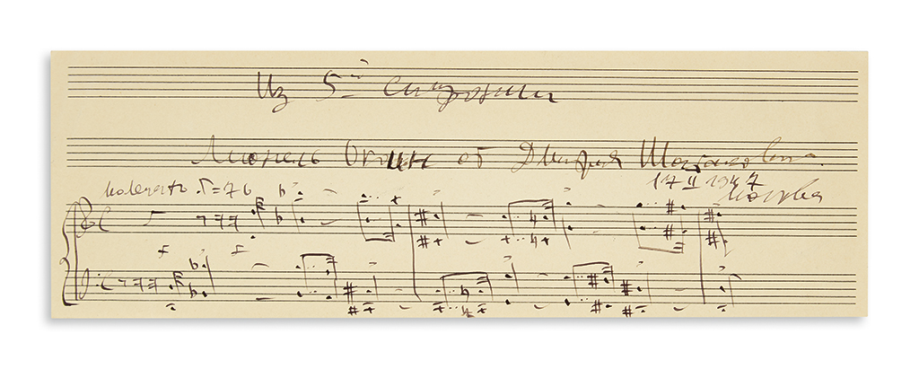 SHOSTAKOVICH, DMITRI. Autograph Musical Quotation Signed and Inscribed, to Lionel Okvin[?], in Russian,